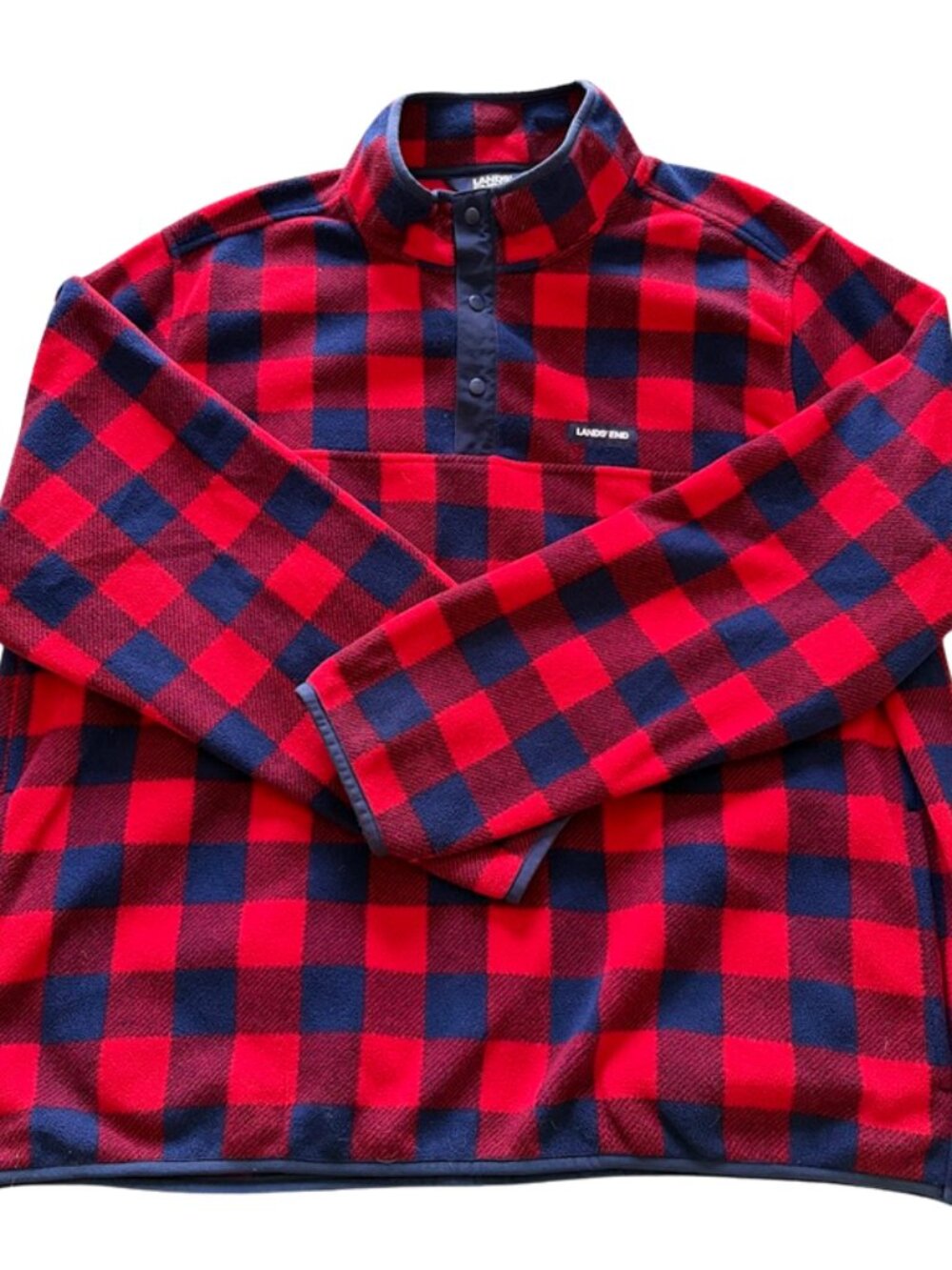 Lands End 1/4 Button Fleece Mens XXL Oeko-Tex Flannel Pullover Red Blue Plaid